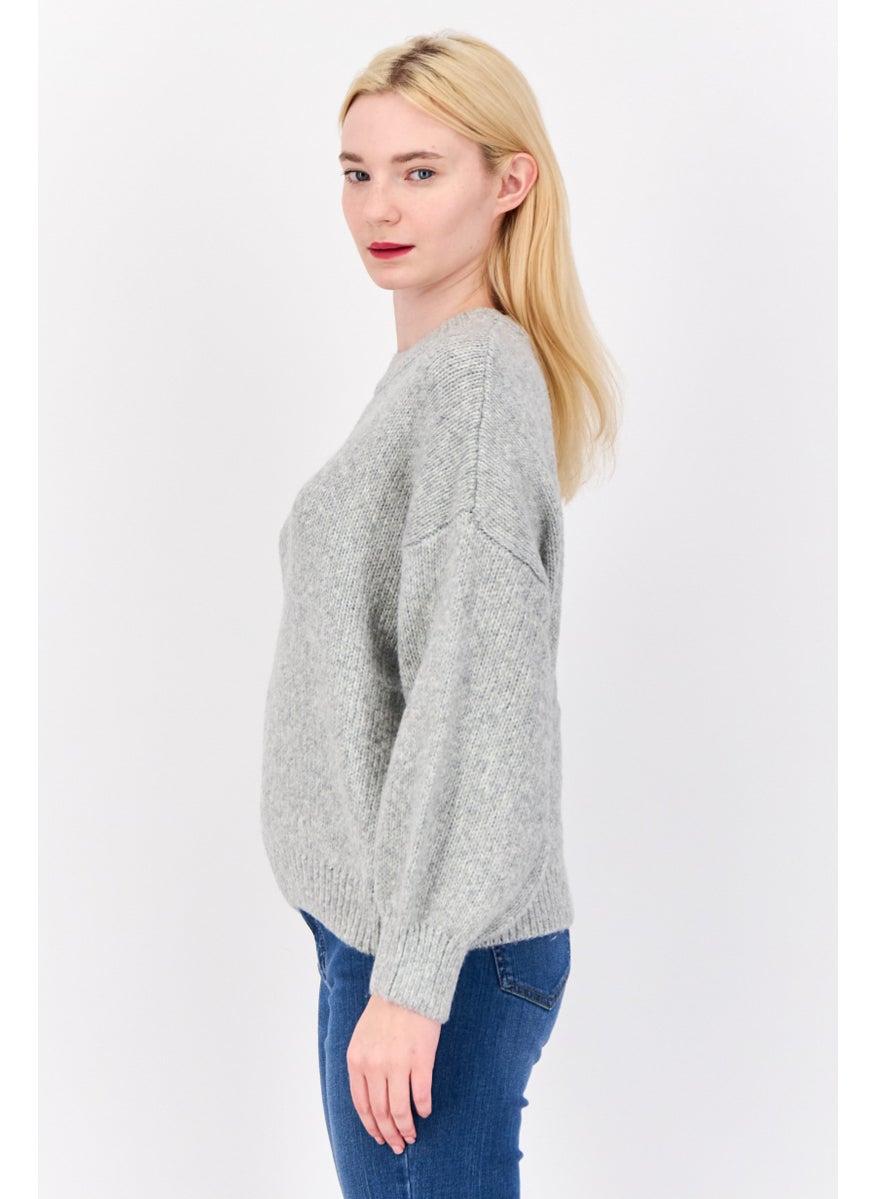 Women Crew Neck Long Sleeves Textured Sweaters, Grey