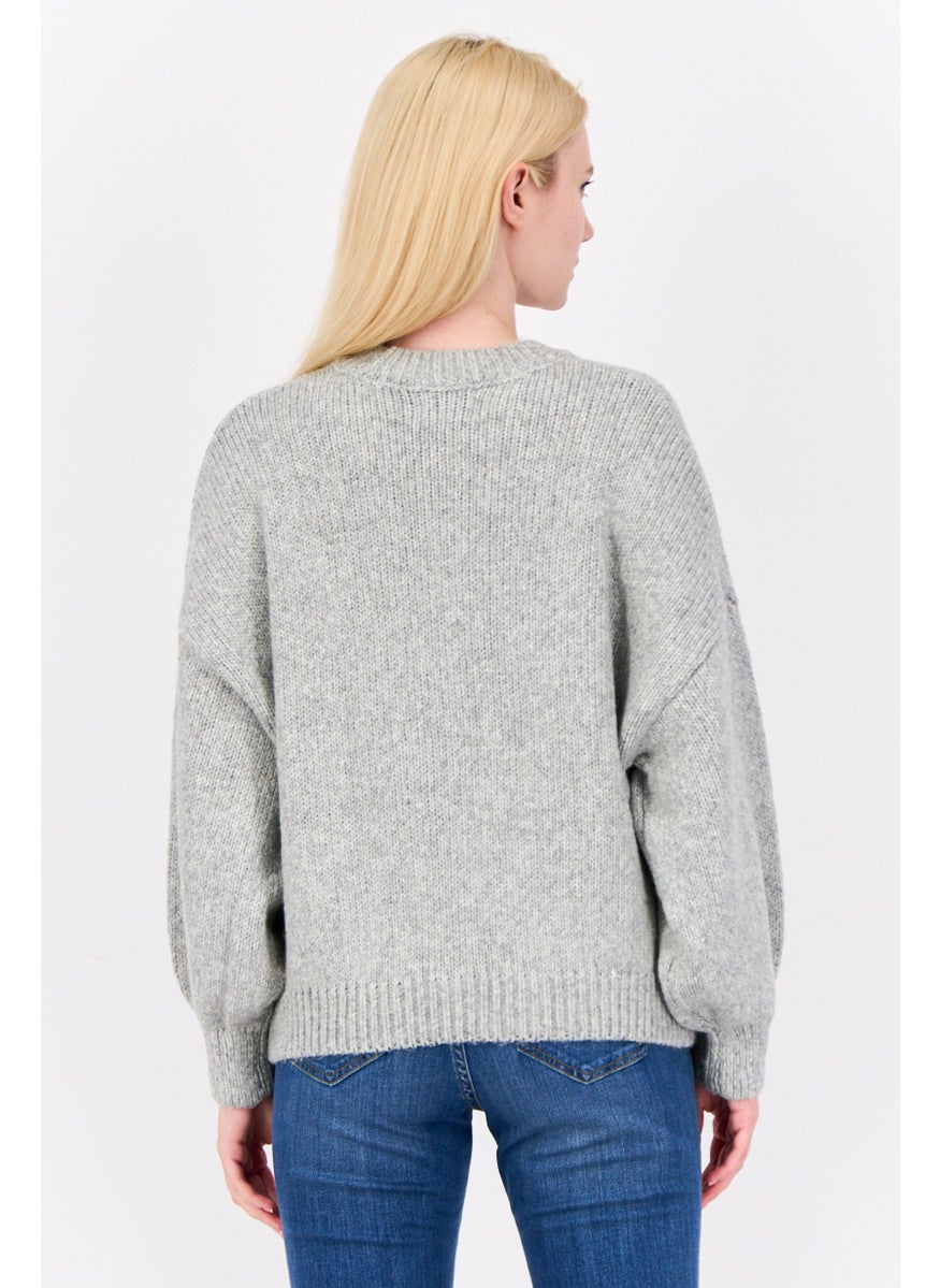 Women Crew Neck Long Sleeves Textured Sweaters, Grey