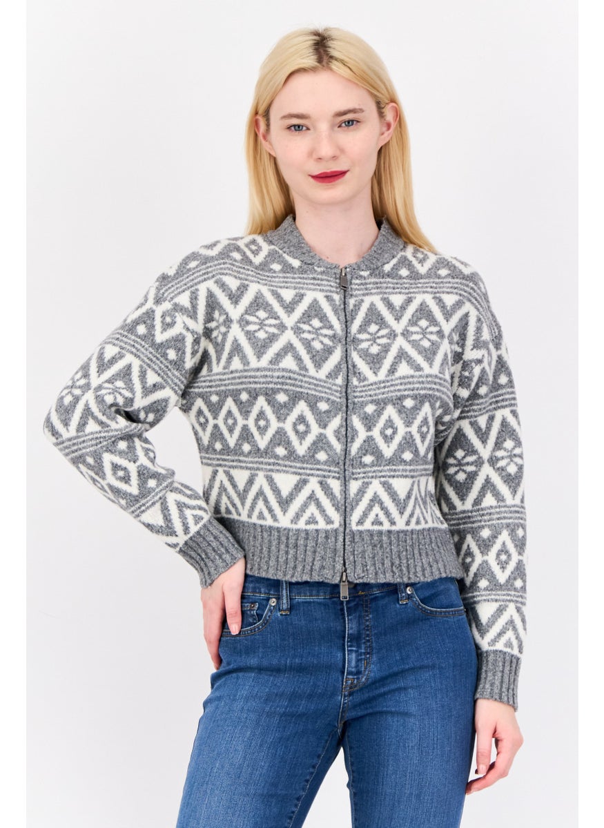 Women Stand Collar Aztec Print Sweater, Multcolor