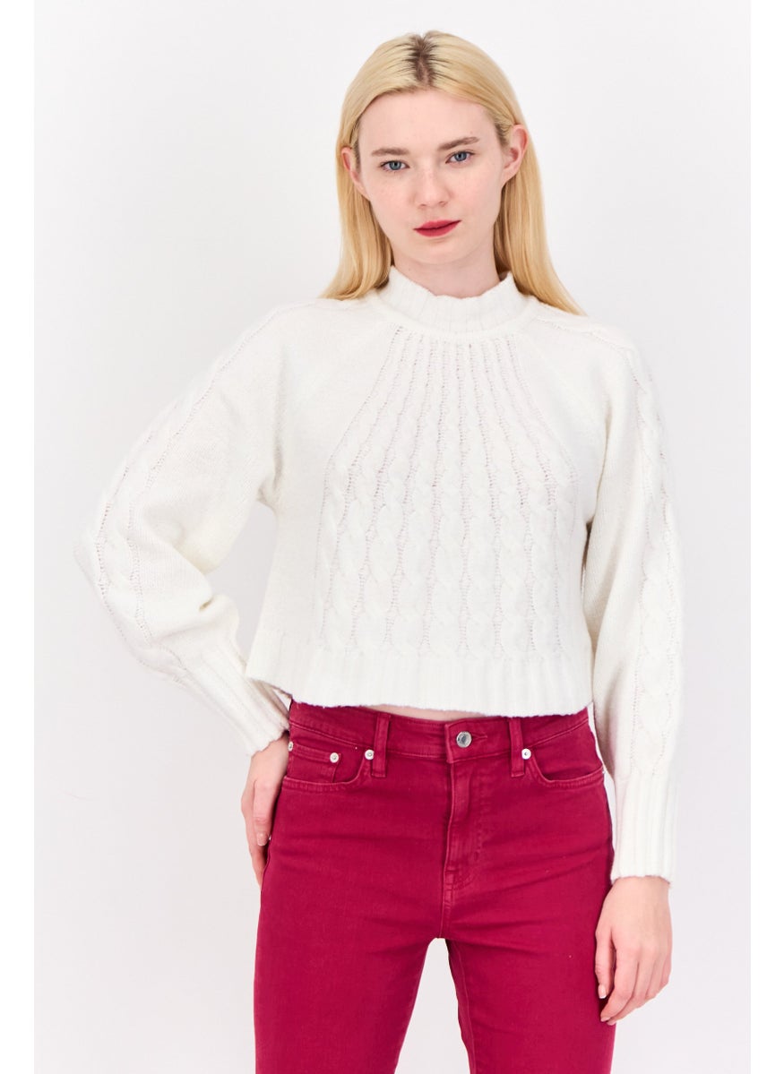 Women Mock Neck Knitted Sweater, Bright White