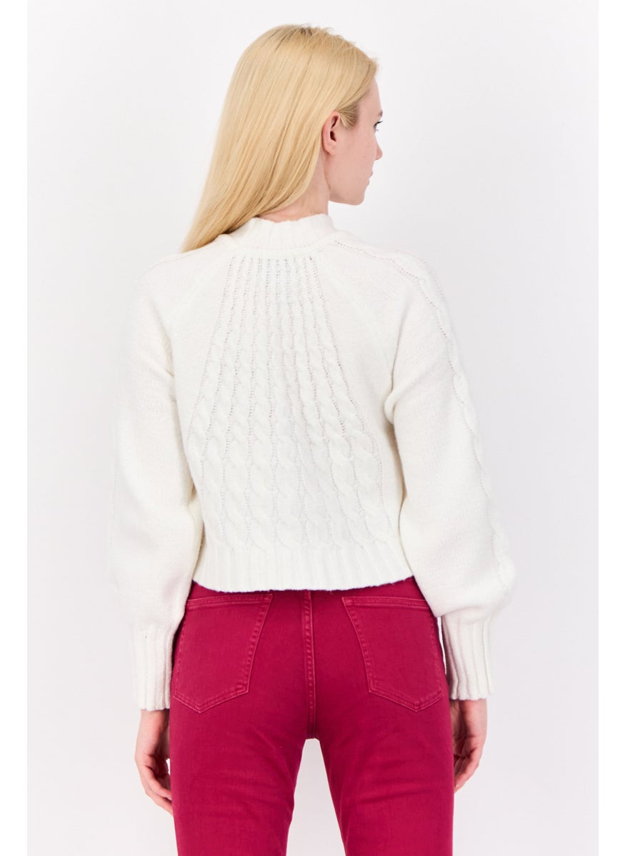 Women Mock Neck Knitted Sweater, Bright White