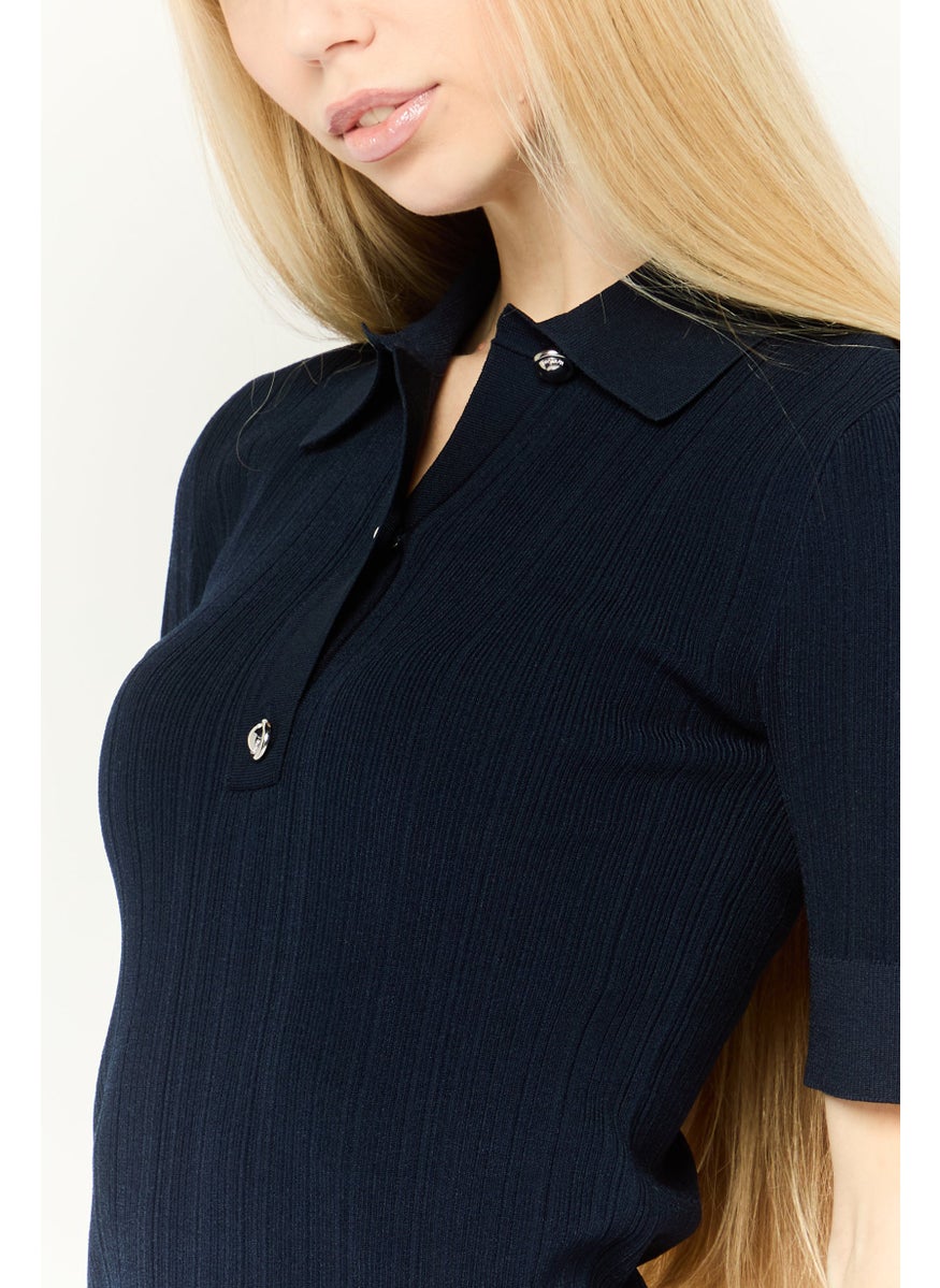 Women Spread Collar Short Sleeves Knitted Sweater, Navy
