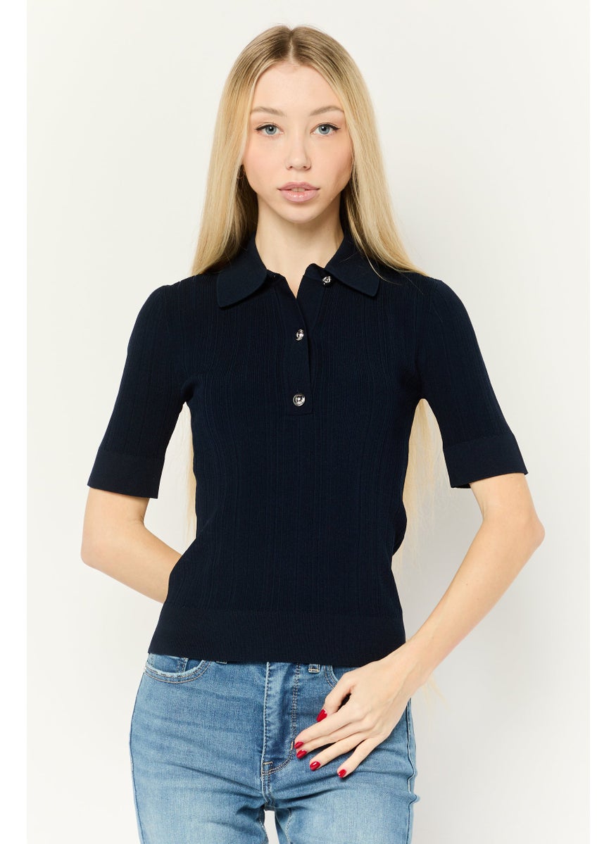 Women Spread Collar Short Sleeves Knitted Sweater, Navy