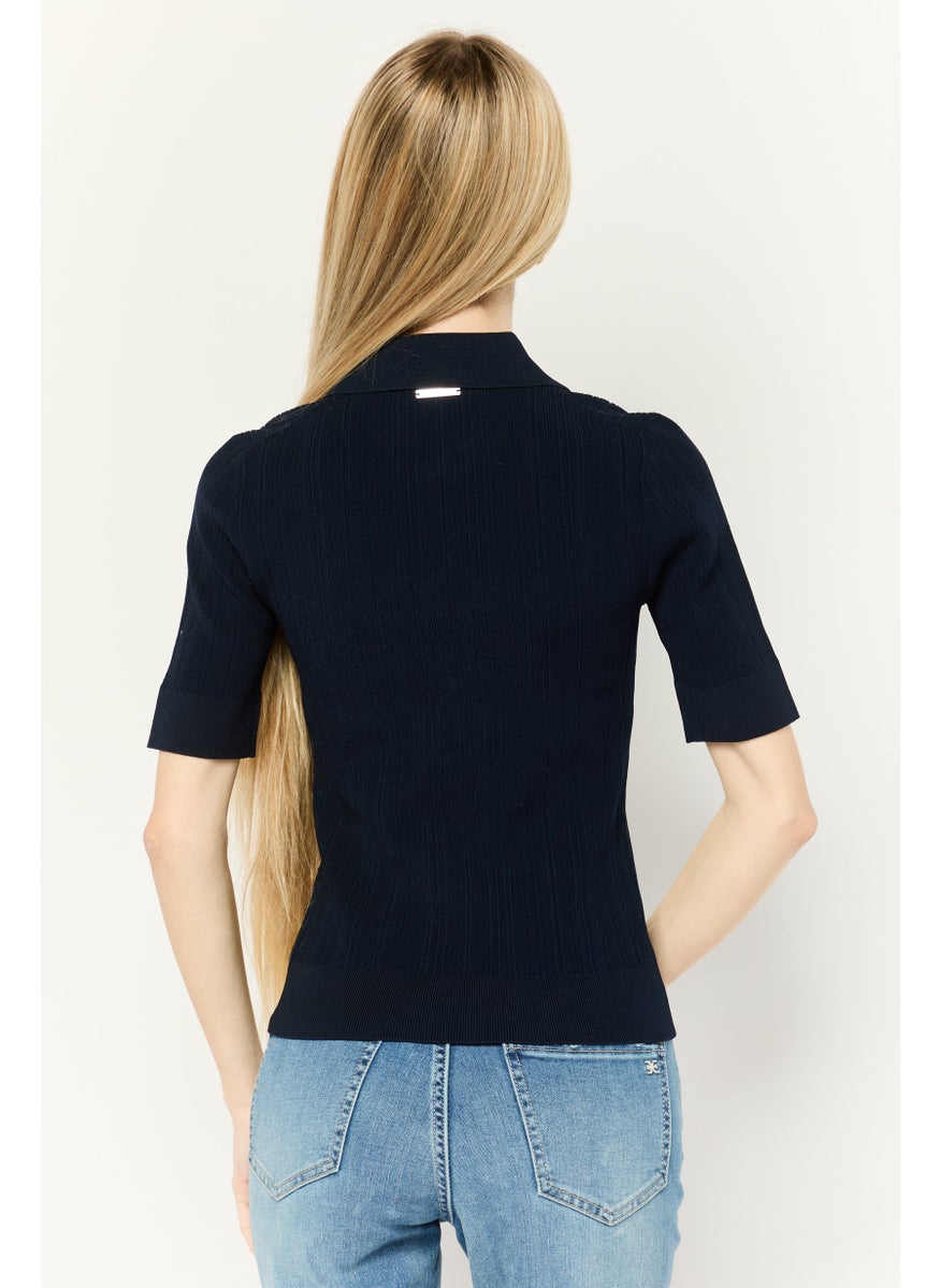 Women Spread Collar Short Sleeves Knitted Sweater, Navy