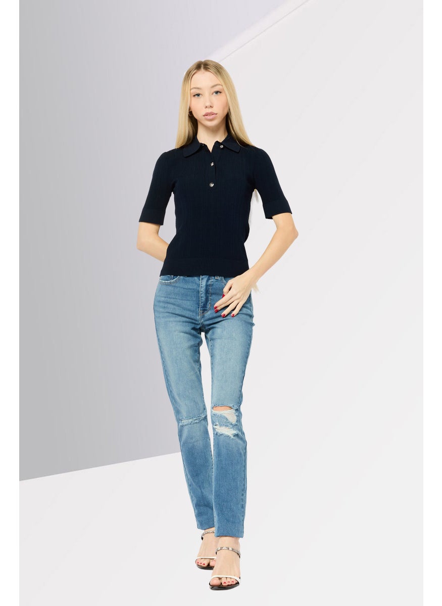 Women Spread Collar Short Sleeves Knitted Sweater, Navy