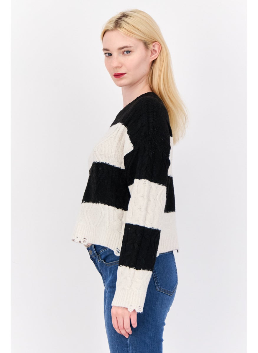 Women Crew Neck Knitted Sweater, Multicolor