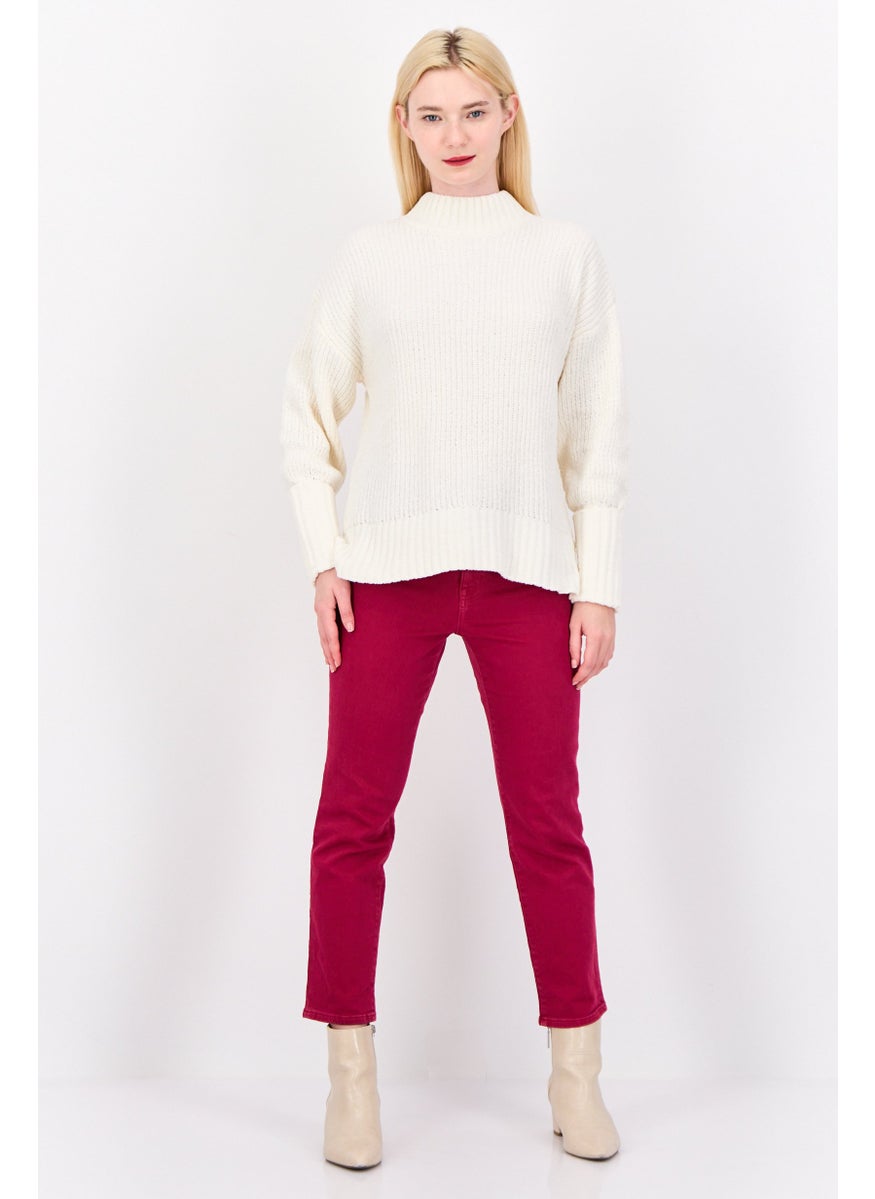 Women Mock Neck Knitted Sweater, Off White