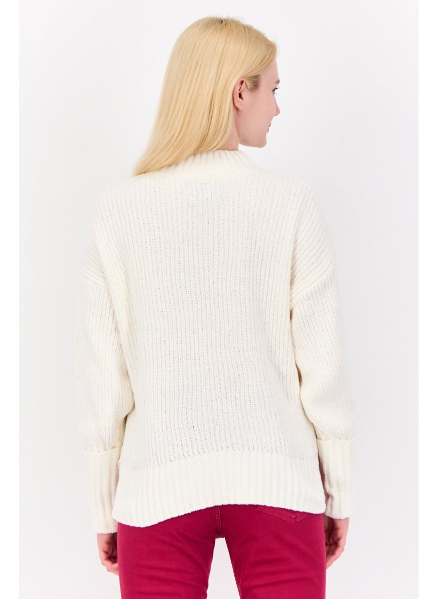 Women Mock Neck Knitted Sweater, Off White