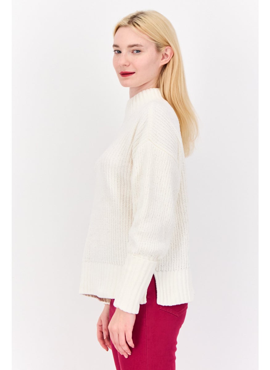 Women Mock Neck Knitted Sweater, Off White