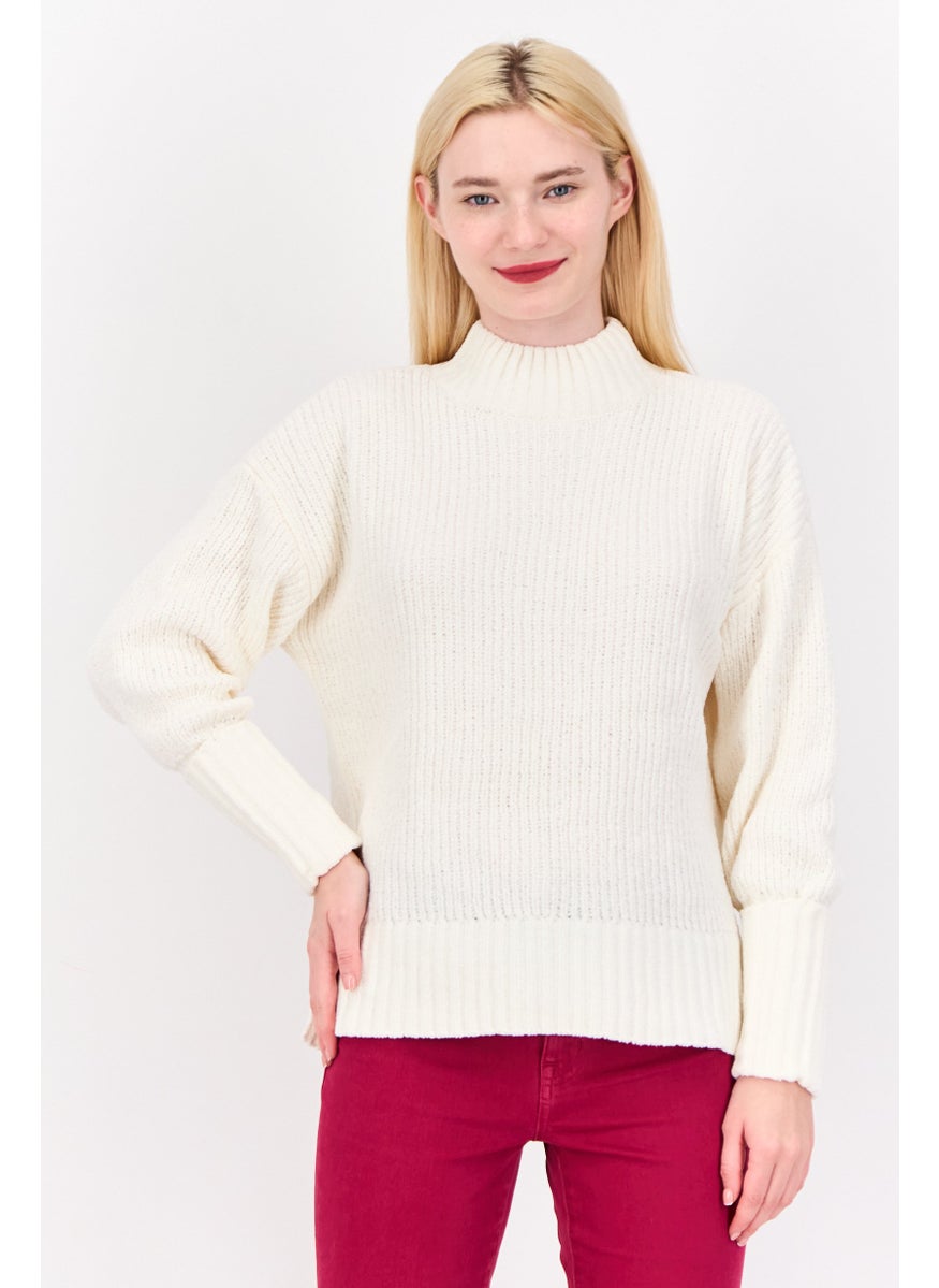 Women Mock Neck Knitted Sweater, Off White