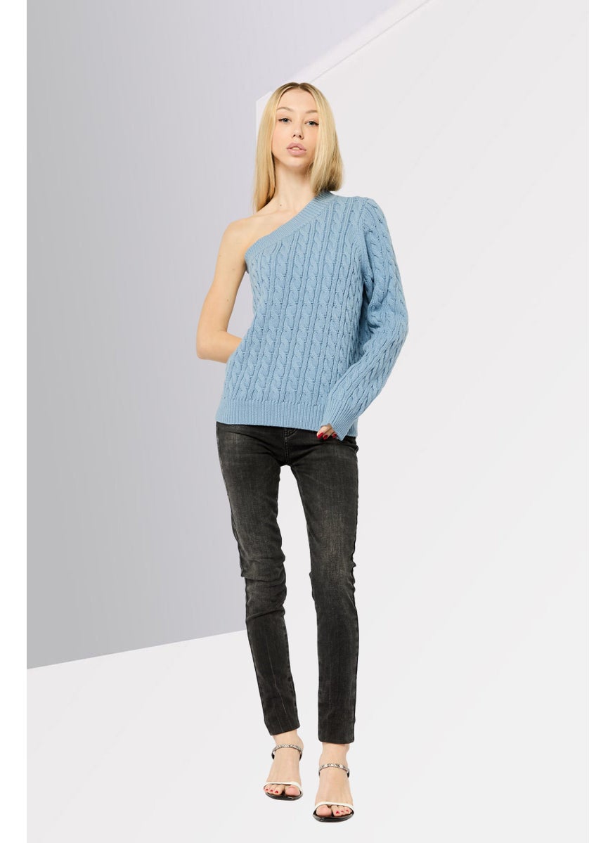 Women Asymmetrical Neck Crochet Sweater, Blue
