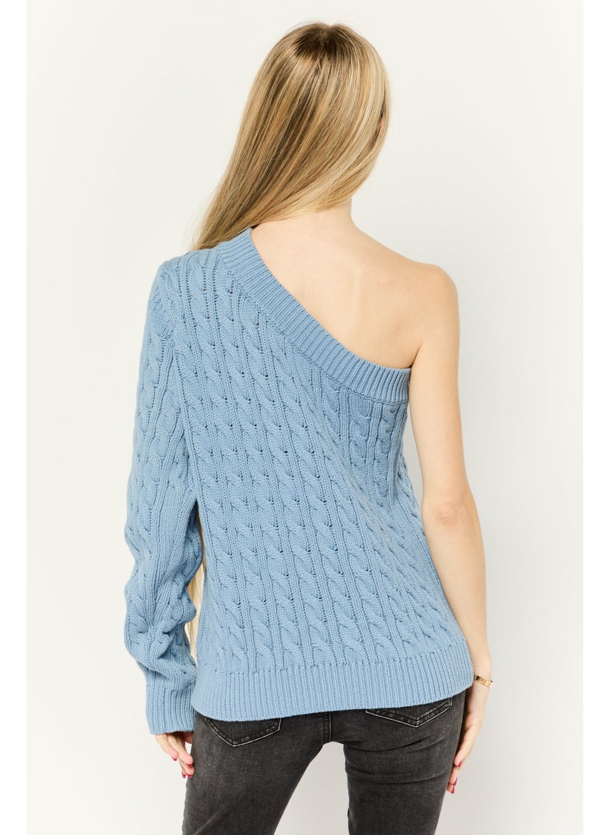 Women Asymmetrical Neck Crochet Sweater, Blue