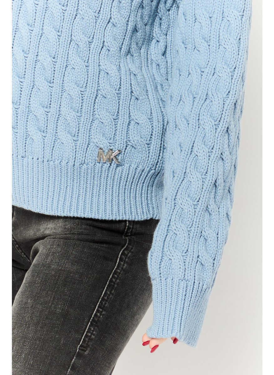 Women Asymmetrical Neck Crochet Sweater, Blue