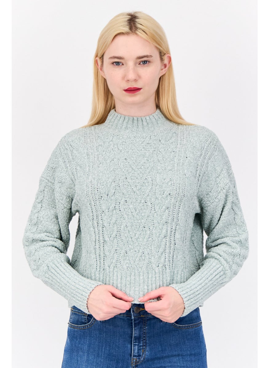 Women Mock Neck Knitted Sweater, Light Sage Green