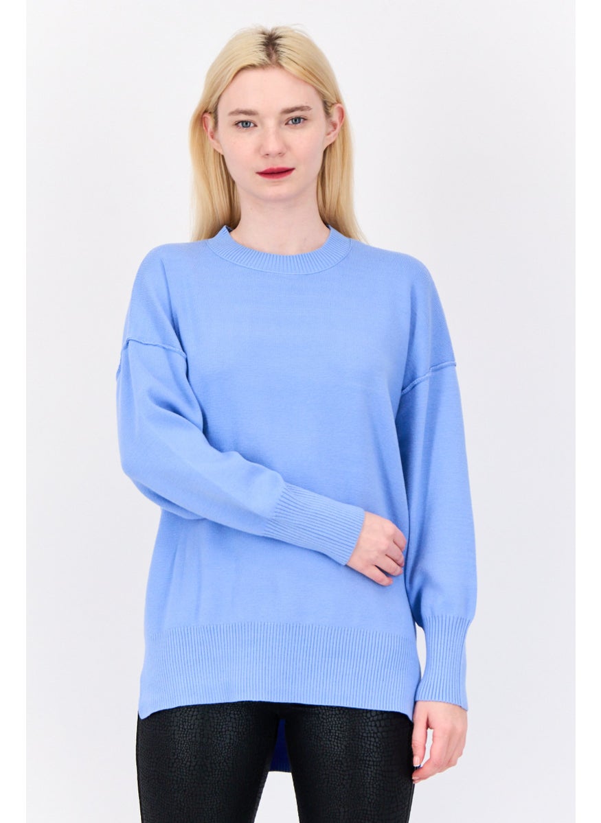 Women Crew Neck Solid Sweater, Light Blue