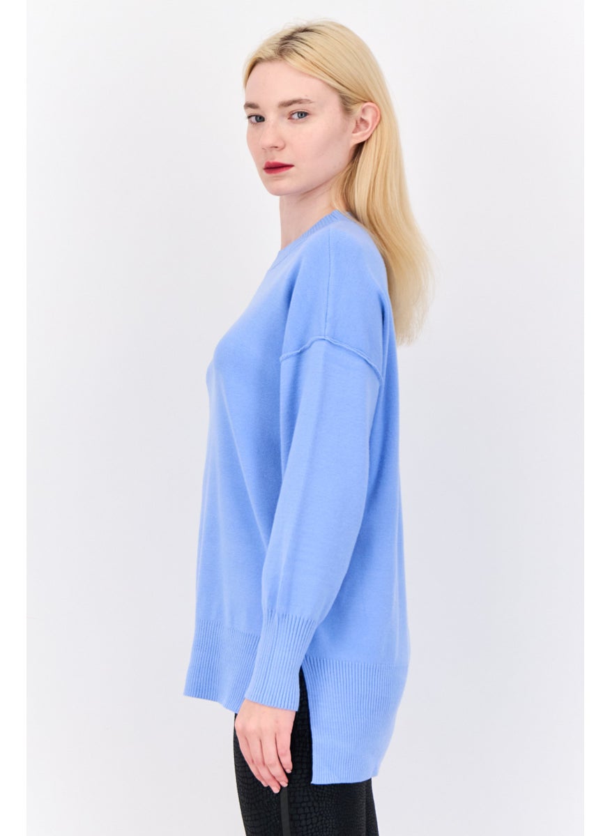 Women Crew Neck Solid Sweater, Light Blue