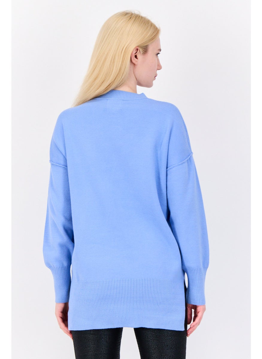 Women Crew Neck Solid Sweater, Light Blue