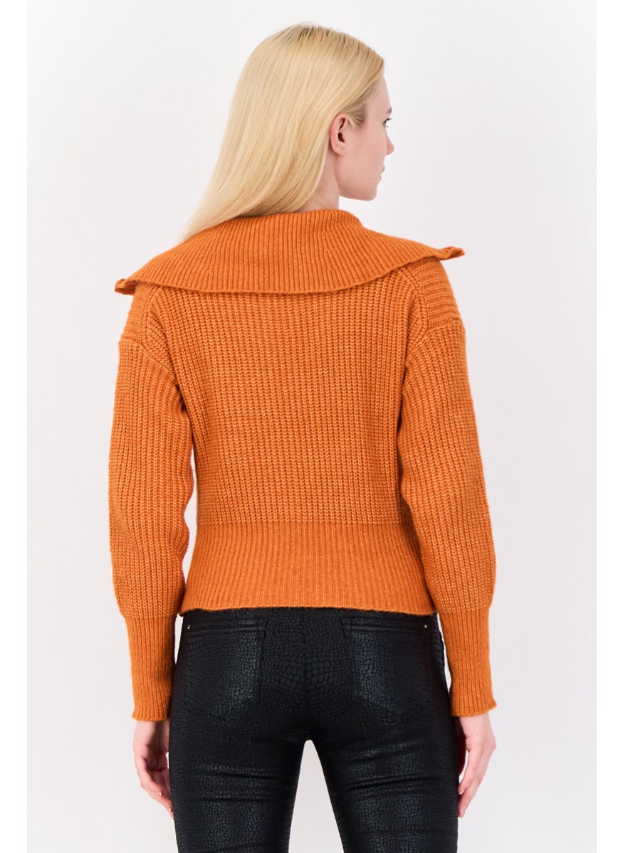 Women Turtle Neck Knitted Sweater, Orange Rust