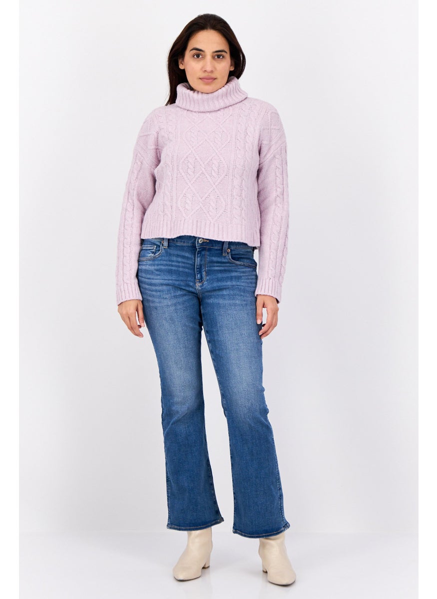 Women Turtle Neck Long Sleeves Textured Sweaters, Purple
