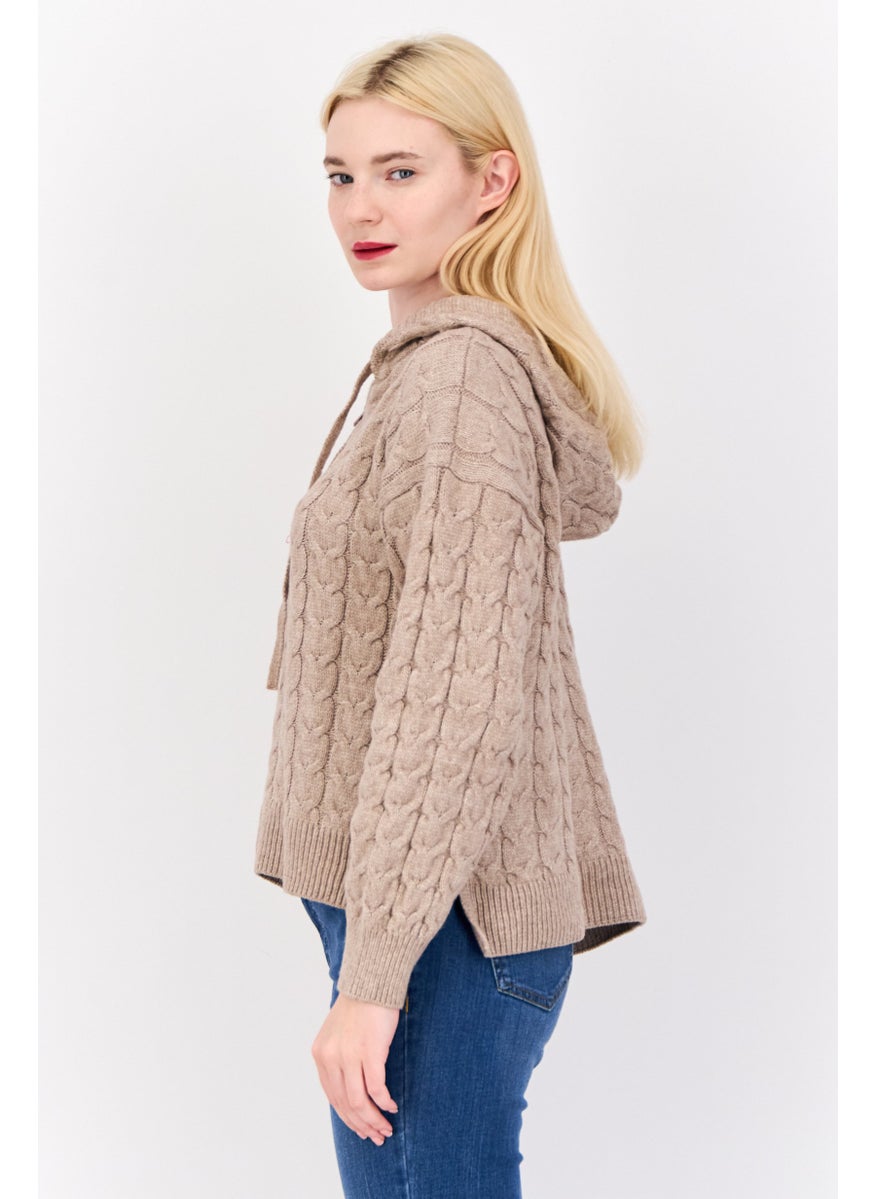 Women Hood With Drawstring Knitted Sweater, Dark Beige