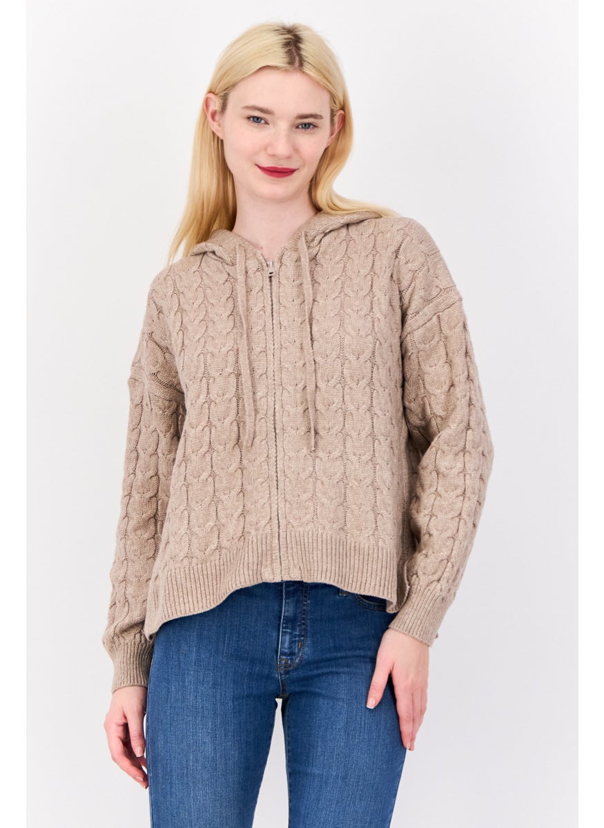 Women Hood With Drawstring Knitted Sweater, Dark Beige