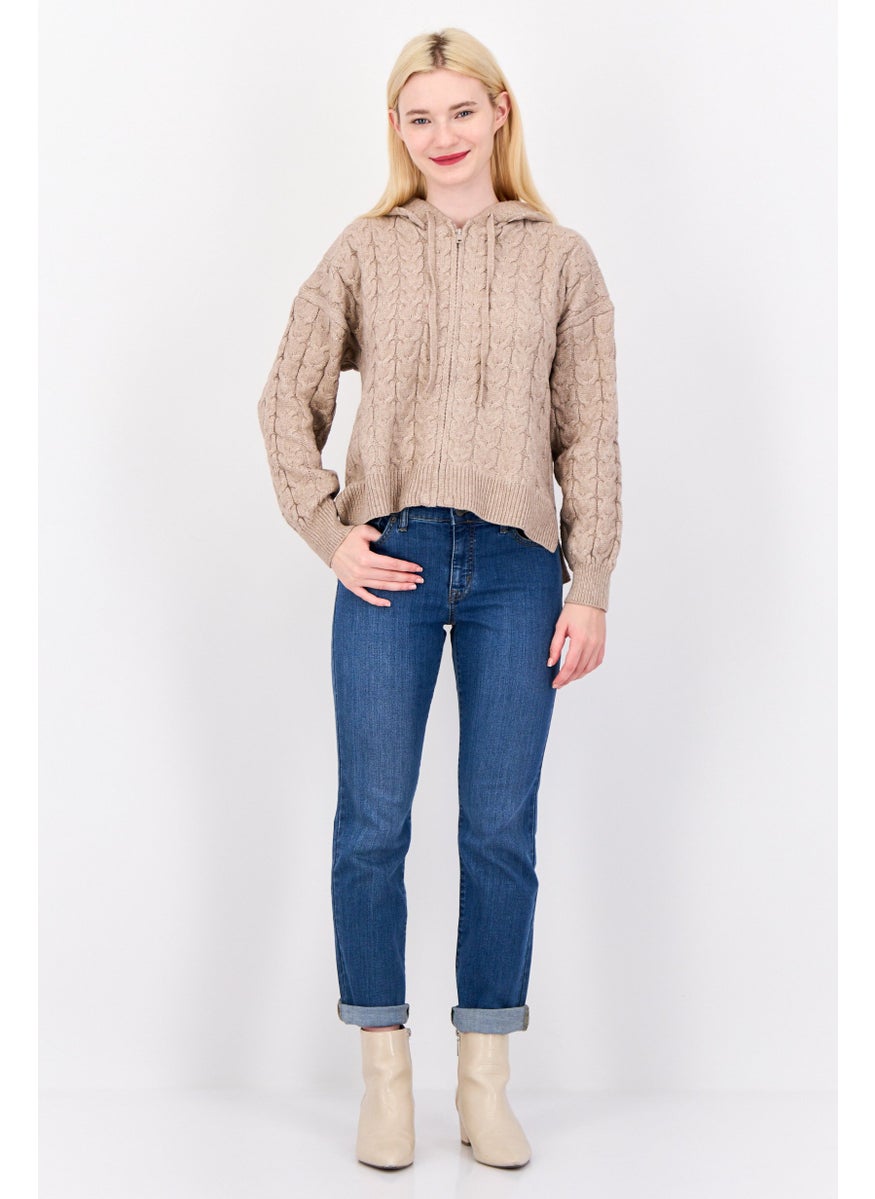 Women Hood With Drawstring Knitted Sweater, Dark Beige