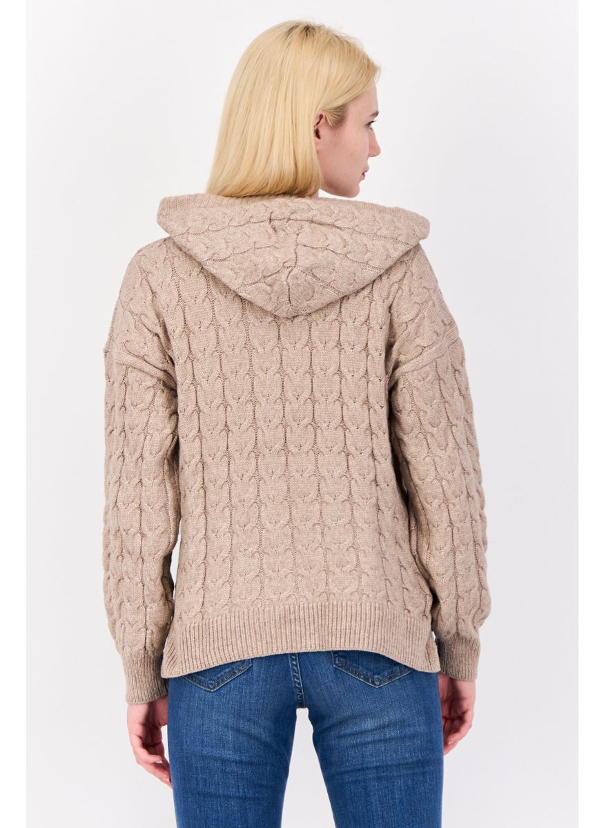 Women Hood With Drawstring Knitted Sweater, Dark Beige