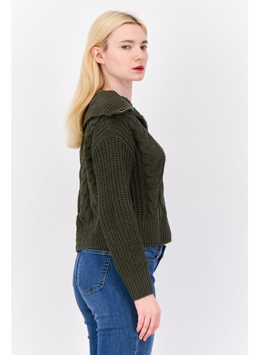 Women Turtle Neck Knitted Sweater, Dark Olive