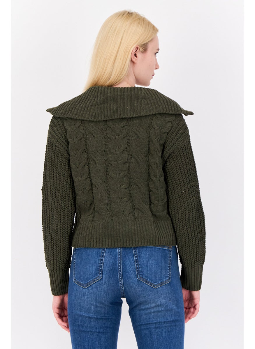 Women Turtle Neck Knitted Sweater, Dark Olive