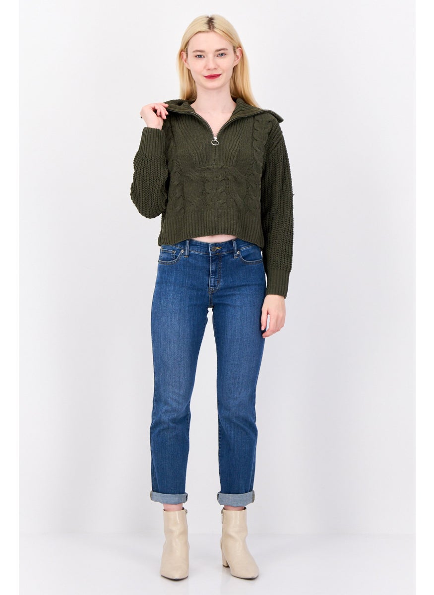 Women Turtle Neck Knitted Sweater, Dark Olive
