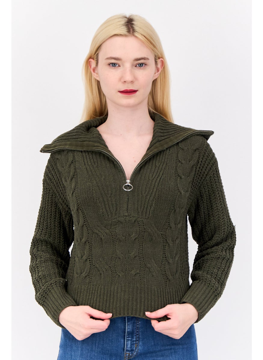 Women Turtle Neck Knitted Sweater, Dark Olive