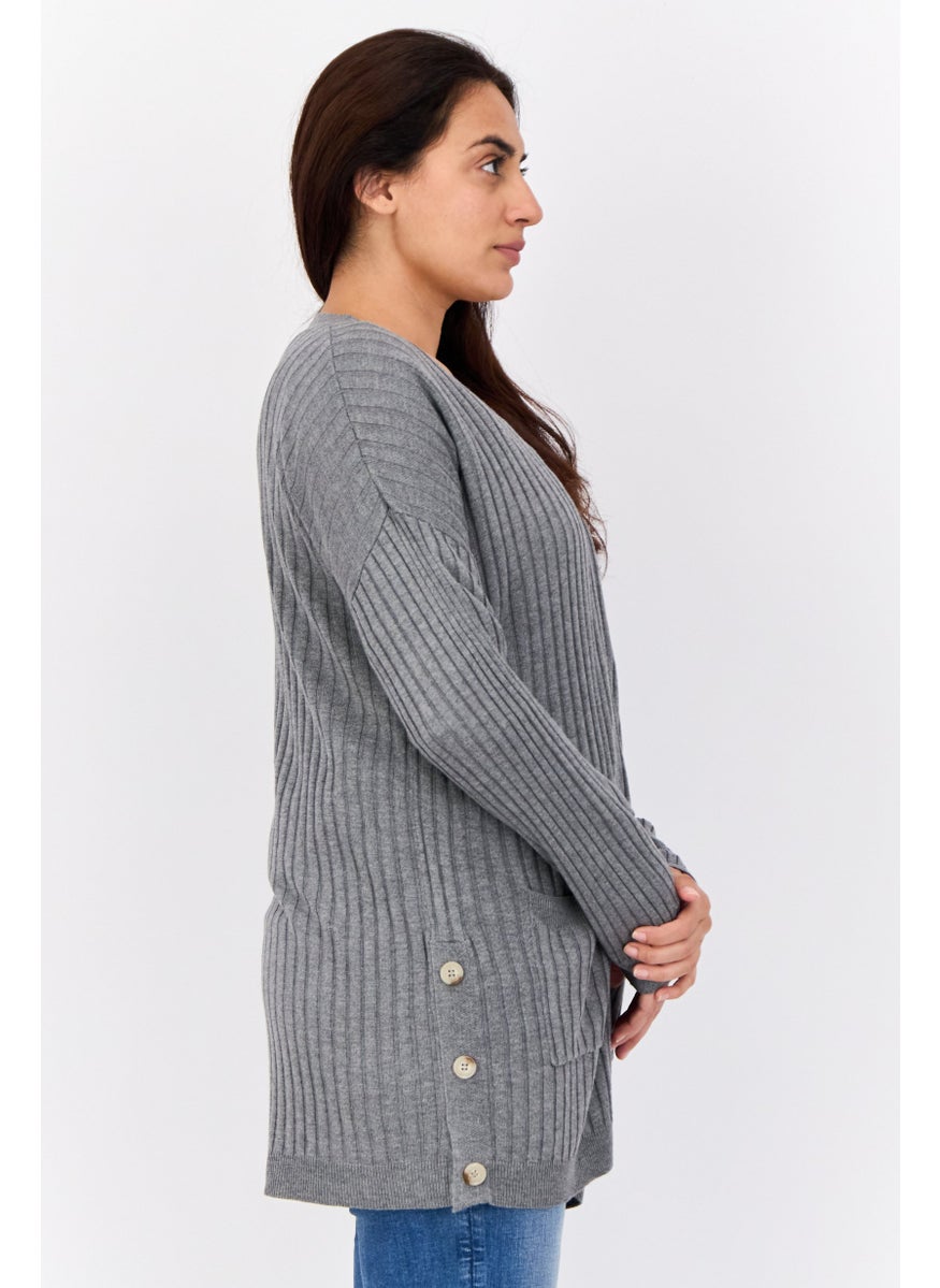 Women Split Neck Stripe Cardigans, Heather Grey