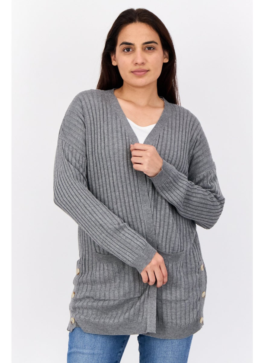 Women Split Neck Stripe Cardigans, Heather Grey