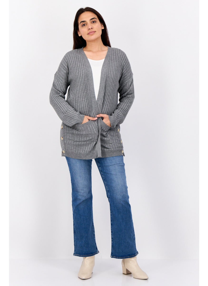 Women Split Neck Stripe Cardigans, Heather Grey
