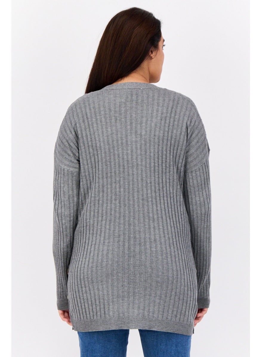 Women Split Neck Stripe Cardigans, Heather Grey