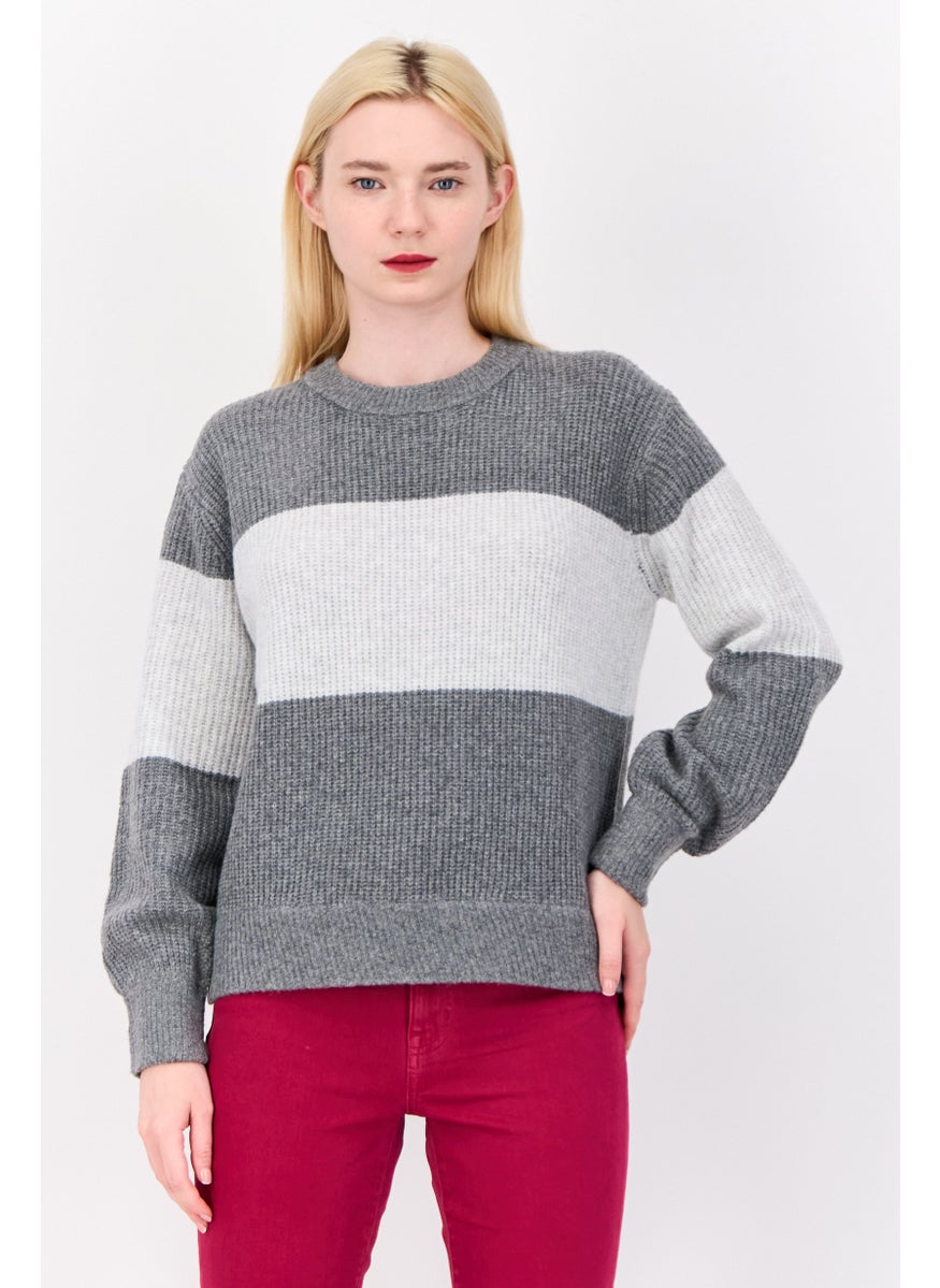 Women Ribbed Collar Long Sleeves Knitted Sweaters, Grey
