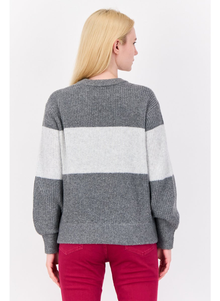 Women Ribbed Collar Long Sleeves Knitted Sweaters, Grey