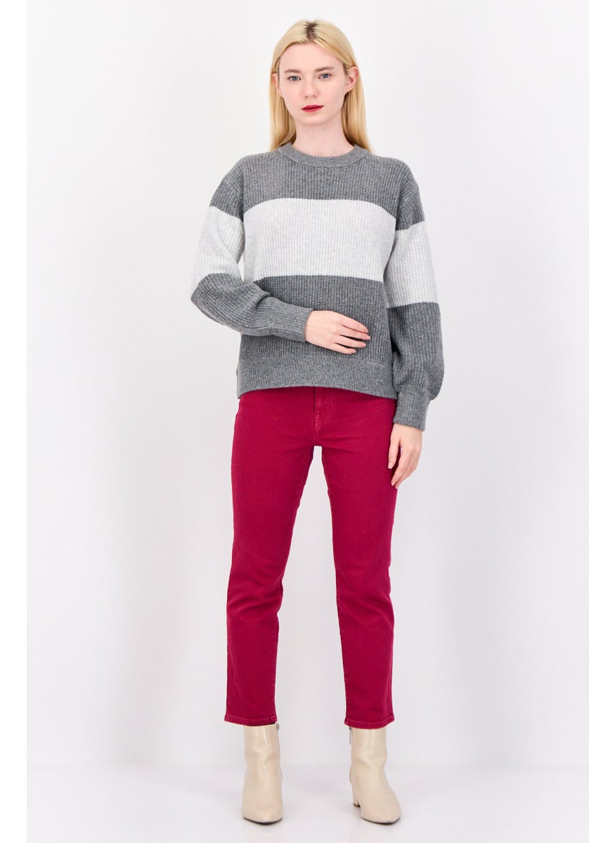 Women Ribbed Collar Long Sleeves Knitted Sweaters, Grey