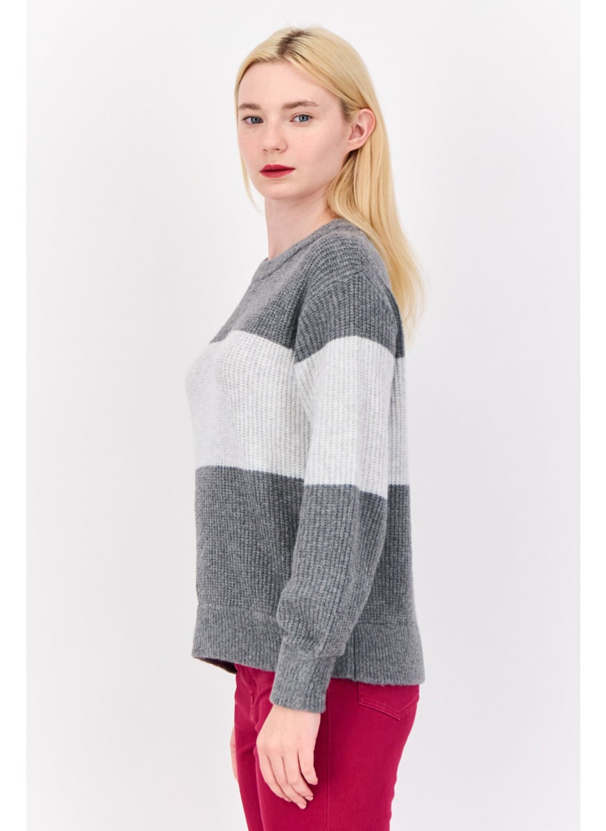 Women Ribbed Collar Long Sleeves Knitted Sweaters, Grey