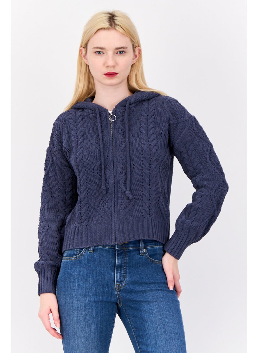 Women Hooded Knitted Sweater, Vintage Blue