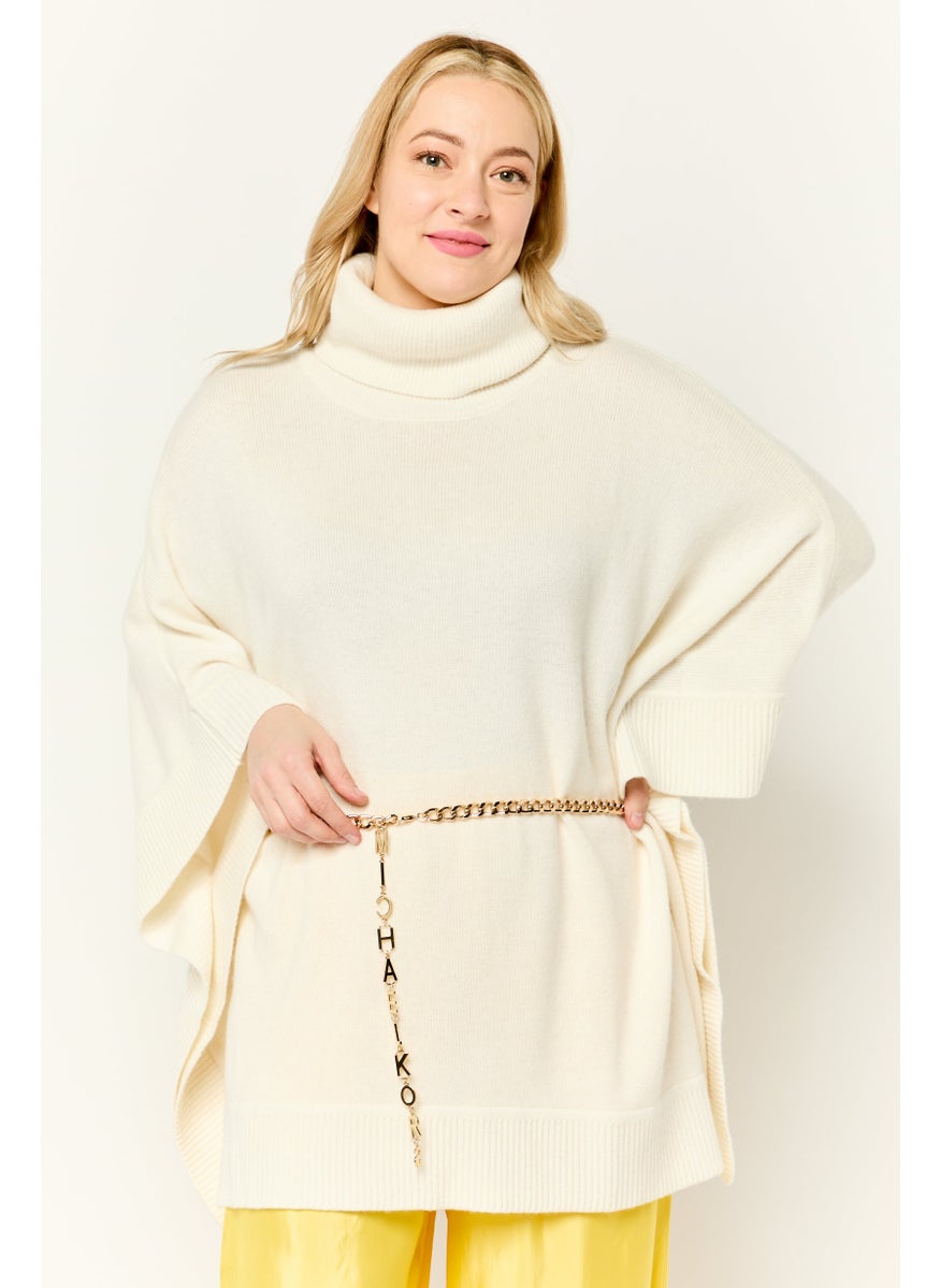 Women Turtle Neck Plain Chain Belted Poncho, Cream
