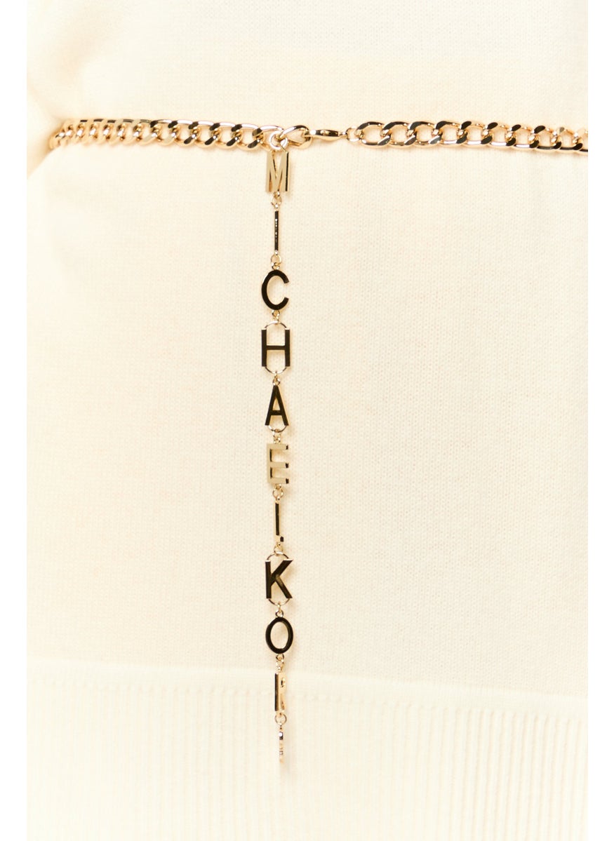 Women Turtle Neck Plain Chain Belted Poncho, Cream