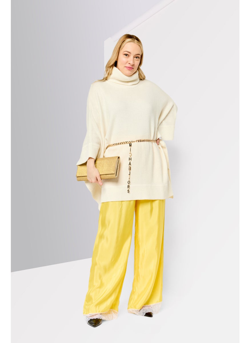 Women Turtle Neck Plain Chain Belted Poncho, Cream