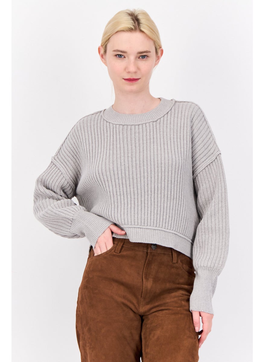 Women Ribbed Collar  Knitted Sweater, Grey