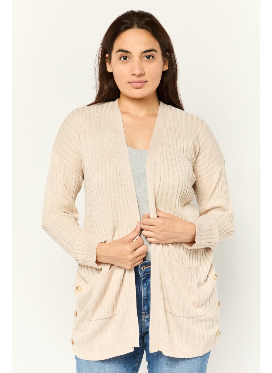 Women Split Neck Ribbed Cardigan, Cream