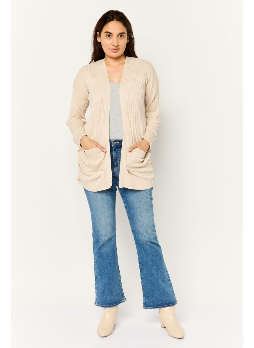 Women Split Neck Ribbed Cardigan, Cream