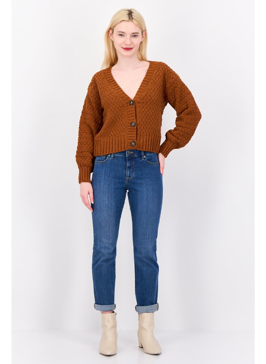 Women V Neck Knitted Cardigan, Brown Rust