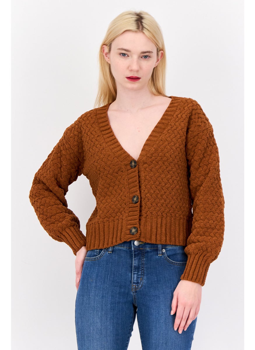 Women V Neck Knitted Cardigan, Brown Rust