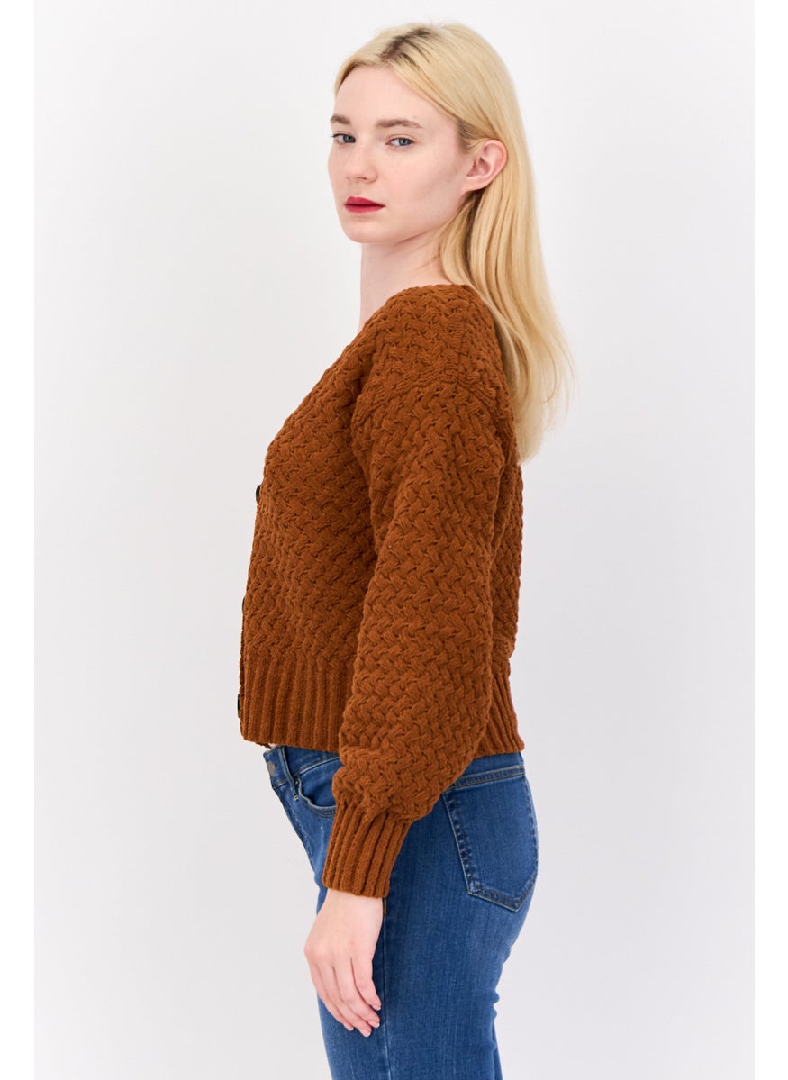 Women V Neck Knitted Cardigan, Brown Rust