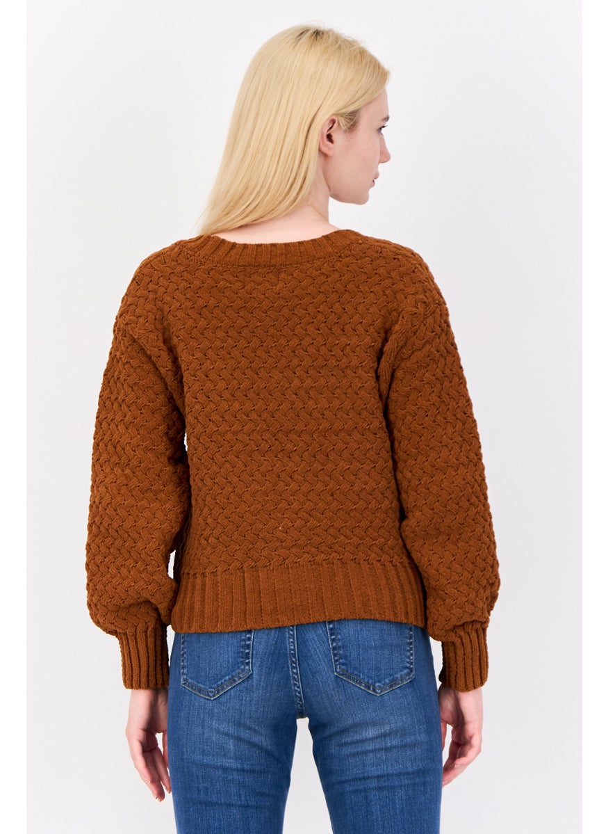 Women V Neck Knitted Cardigan, Brown Rust